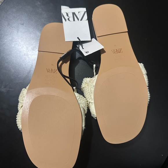 Zara Women's Beige tiny pearl Woven Slide Sandals - Picture 2 of 2